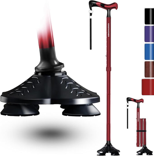 KingPavonini Walking Cane for Men Women Stability, Free Standing Foldable Cane, Ergonomic Handle Pivoting Quad Base, Heavy Duty 350 LBs, Adjustable Walking Canes for Seniors Balance with Travel Bag