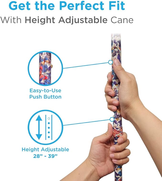 Nova Joy Designer Offset Walking Cane for Seniors - Unisex Adjustable Lightweight Aid with Foam Handle, Wrist Strap and Anti-Rattle Lock - Essential Mobility Support - Butterfly Symphony