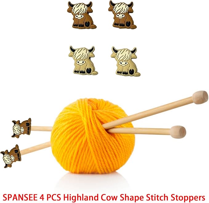 SPANSEE 4 PCS Highland Cow Shape Stitch Stoppers, Knitting Needle Stoppers, Knitting Needle Point Protectors, Knitting Needle End Caps, Knitting Notions fit Size 3-13 (3.25mm-9mm) Needles