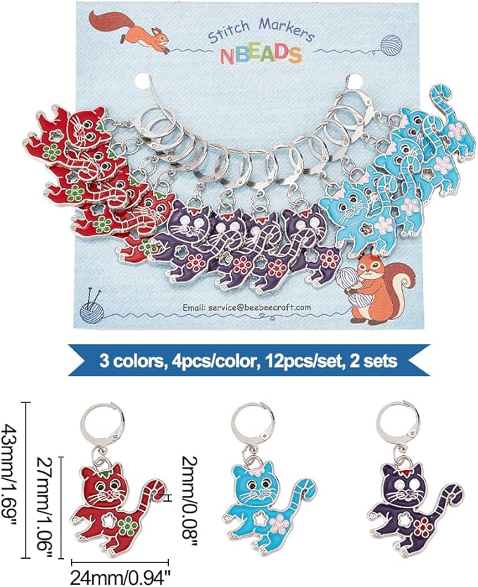NBEADS 24 Pcs Cat Stitch Markers, 3 Colors Alloy Enamel Crochet Stitch Marker Charms Locking Stitch Marker with 304 Stainless Steel Clasp for Crochet Accessories Quilting Jewelry Making
