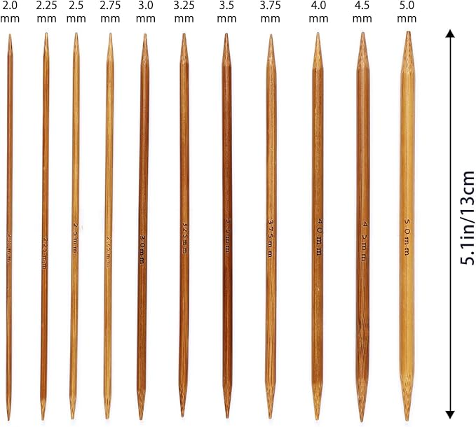 Double Pointed Knitting Needles Set,55 Pcs Carbonized Bamboo Knitting Needles Kit,Short 13cm/5.1in (2.0mm-5.0mm),with Small Tools,Straight Wooden Needles for Beginners,Sock,Handmade Weave DIY Lover