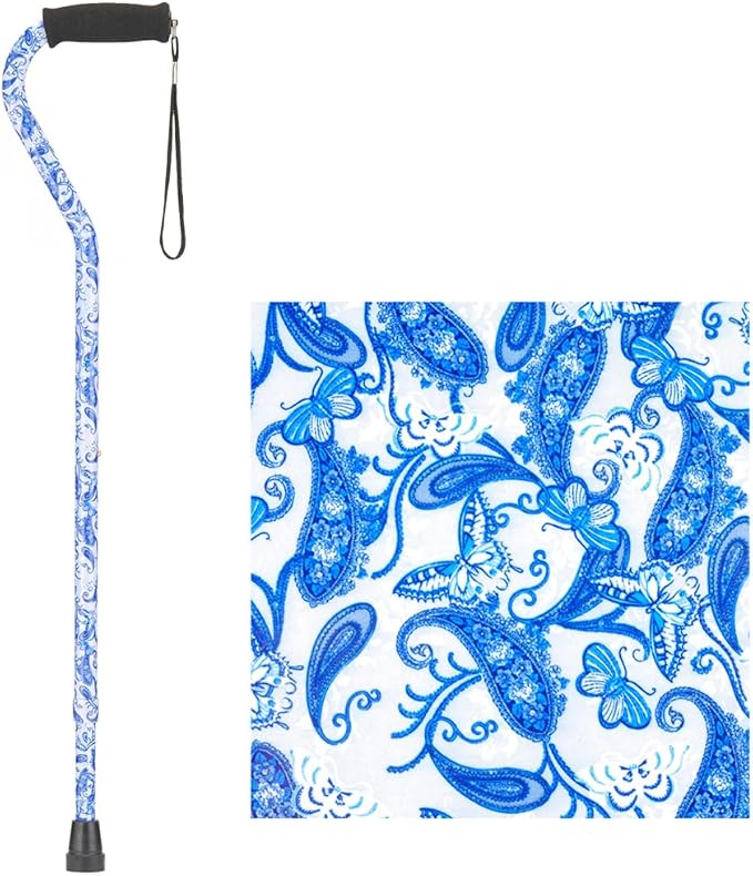 Nova Joy Designer Offset Walking Cane for Seniors - Unisex Adjustable Lightweight Aid with Foam Handle, Wrist Strap and Anti-Rattle Lock - Essential Mobility Support - Blue Porcelain