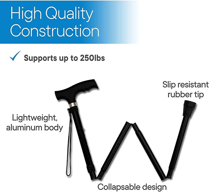 Folding Lightweight Walking Stick - Adjustable Aluminum Metal Collapsible Travel Cane with Non-Slip Rubber Base