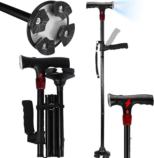 Walking Cane for Men & Women with Alarm, LED Light and Foldable Handle, Foldable, Adjustable, Lightweight, Free Self Standing Walking Cane for Seniors & Adults