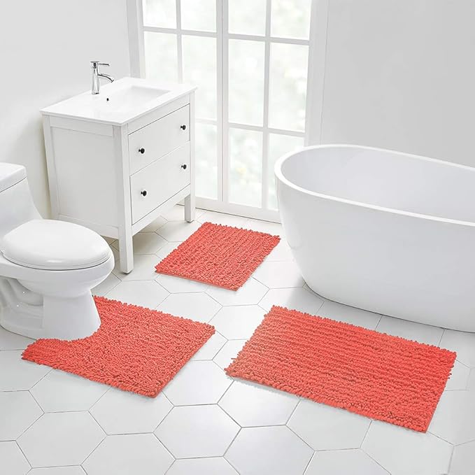 Walensee Bathroom Rug 2 Pieces Set Non Slip Bath Mat (20"x32" Plus 20"x32" Living Coral) Water Absorbent Super Soft Shaggy Chenille Machine Washable Dry Extra Thick Perfect Carpet for Shower Floor