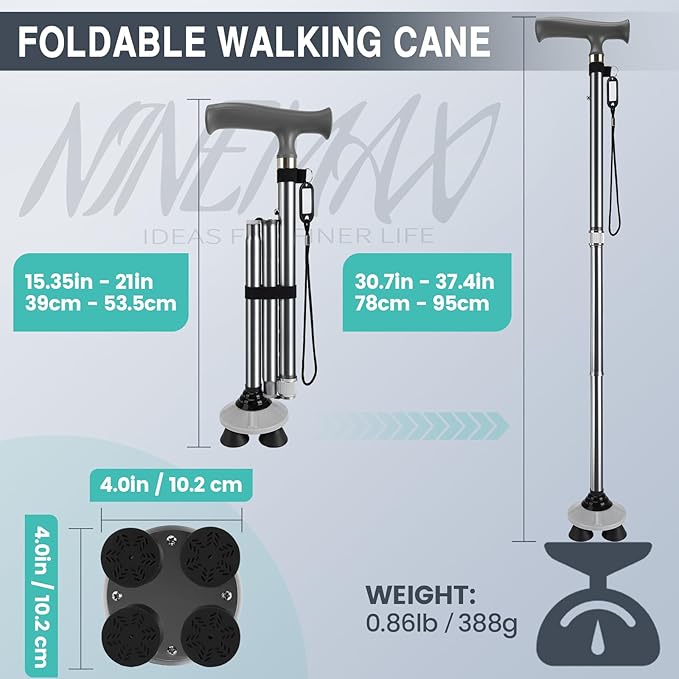 NINEMAX Walking Cane for Men Women Seniors, Foldable Collapsible Adjustable Free Standing T Handle Walking Stick, Lightweight Sturdy Folding Cane Portable for Stable and Balance