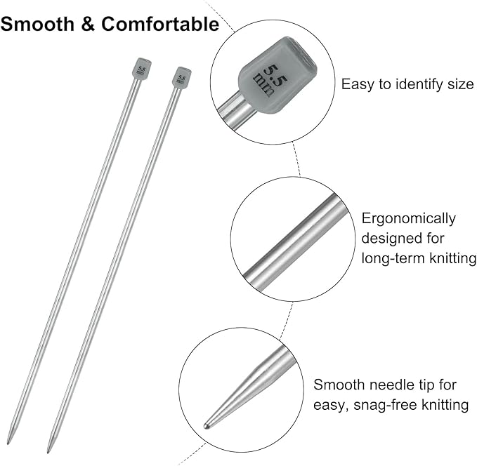 uxcell 2Pcs 5.5mm(I) Single Pointed Knitting Needles Stainless Steel 13.8 Inches Length Metal Weaving Tool for Handmade Projects DIY Knitting