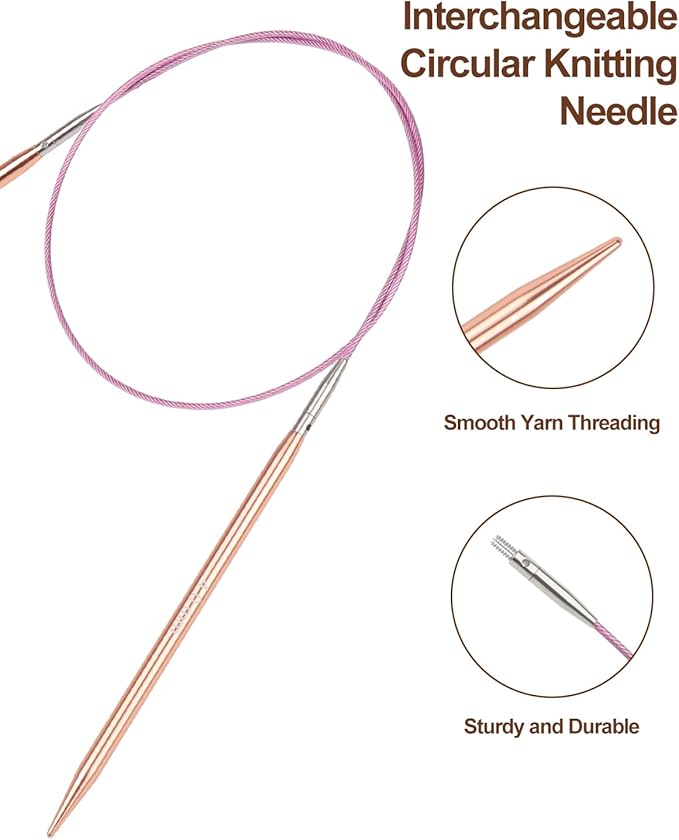 Aeelike Aluminu Interchangeable Knitting Needles Set, Circular Knitting Needles Set with 4 Cable 3 to 6 mm, Interchangeable Needle for Knitting Multiple Combinations, Gold