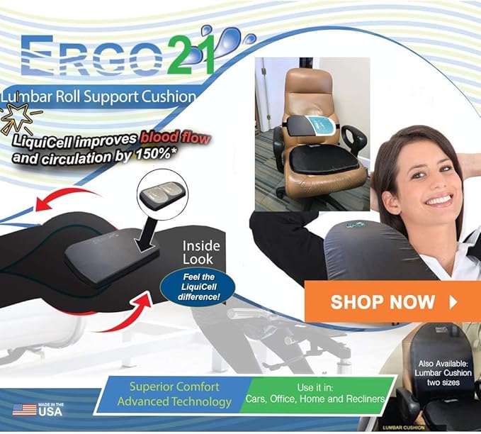 ERGO21 Neck & Back Support Lumbar Roll Made of Liquid Filled Membranes | Chair Back Support at Home, Office Chairs, Bed | Relief from Lower Back Pain, Neck Pain| Size, (16”W x 10”x 2”)