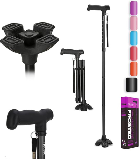 Walking Cane for Men and Women, Extended Handle; Solid Base; Foldable; Adjustable Heights; Lightweight; Heavy-Duty Canes for Seniors (Black)