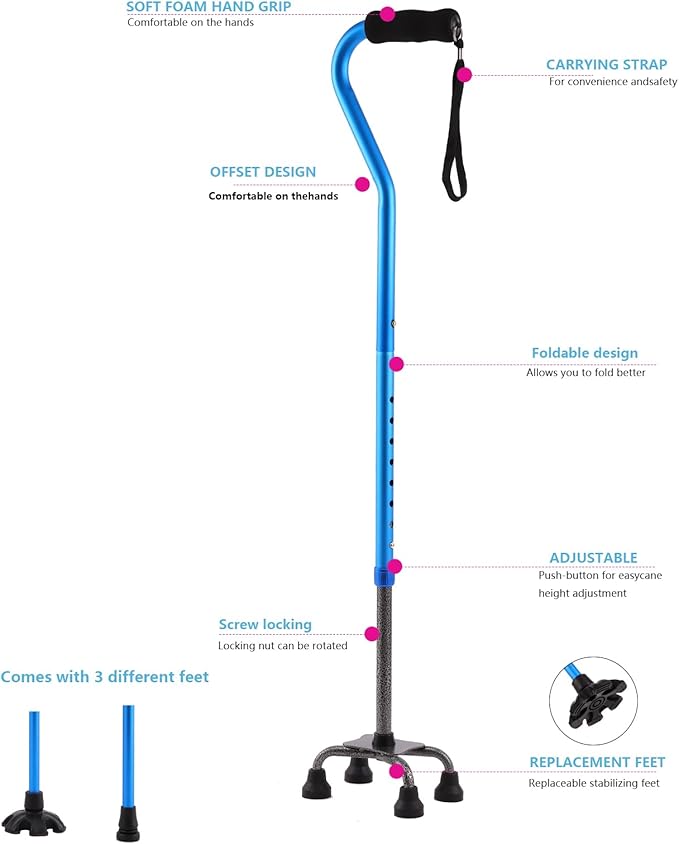 LIXIANG Walking Canes Stablize Women Quad Canes for Seniors & Adults Foldable Adjustable for Men & Women Heavy Duty Freestanding Cane for People with Leg Injuries 3 footings