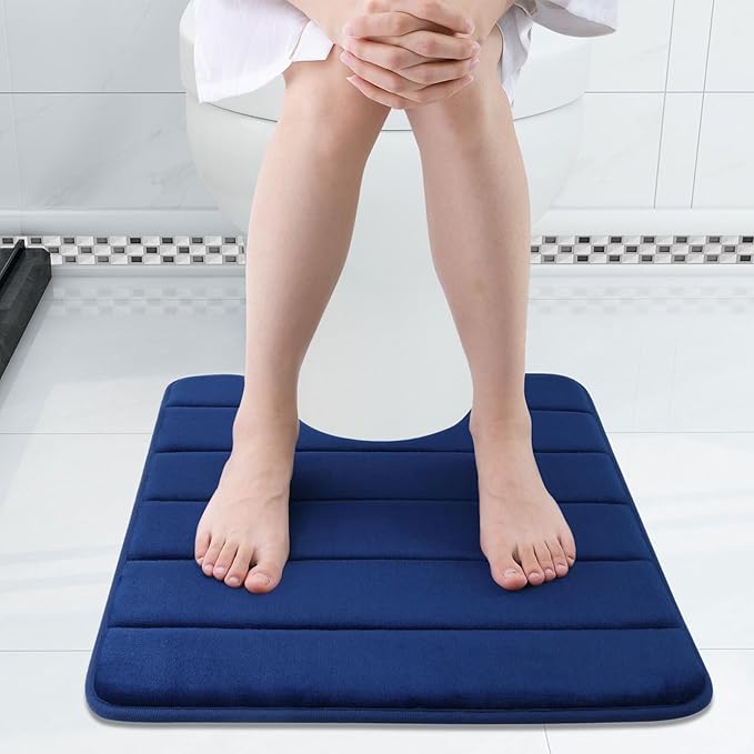 Buganda Memory Foam U-Shaped Contour Toilet Rugs, Non Slip Absorbent, Thick Soft Washable Bathroom Mat, Floor Carpet Bath Rugs Mat for Toilet Base (24" x 20", Navy Blue)
