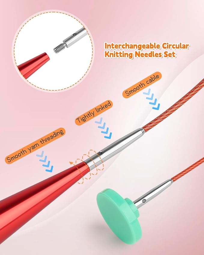 Interchangeable Knitting Needle Set with Circular Cable for Crafters, 13 Circular Knitting Needles with 4 Cable, 3-10 mm Aluminum Knitting Needles for Beginner, DIY Crafts, Red Needle Set