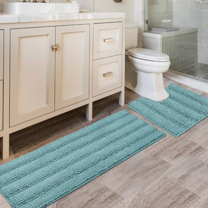 H.VERSAILTEX Bathroom Rugs Bath Rug Set 2 Piece Bathroom Contour Rug Toilet Mat Sets Non Slip Contour Bath Rug Ultra Thick Water Absorbent Striped Bath Mats(47" x 17" Plus 20" x 20" U, Aqua Haze)