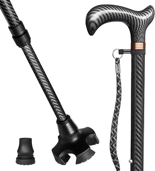 Adjustable Walking Cane for Men & Women - Lightweight Carbon Fiber Cane, Premium Walking Stick for Seniors with Quad & Single Rubber Tips, Ergonomic Handle & Wrist Strap