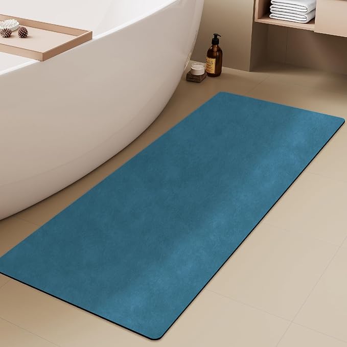 Bathroom Mat Quick Dry, Bathroom Rugs Non Slip Washable Thin Absorbent Bath Mat Fits Under Door Bathroom Floor Mat Perfect for Bath, Shower, or Sink 24"x60" Denim Blue