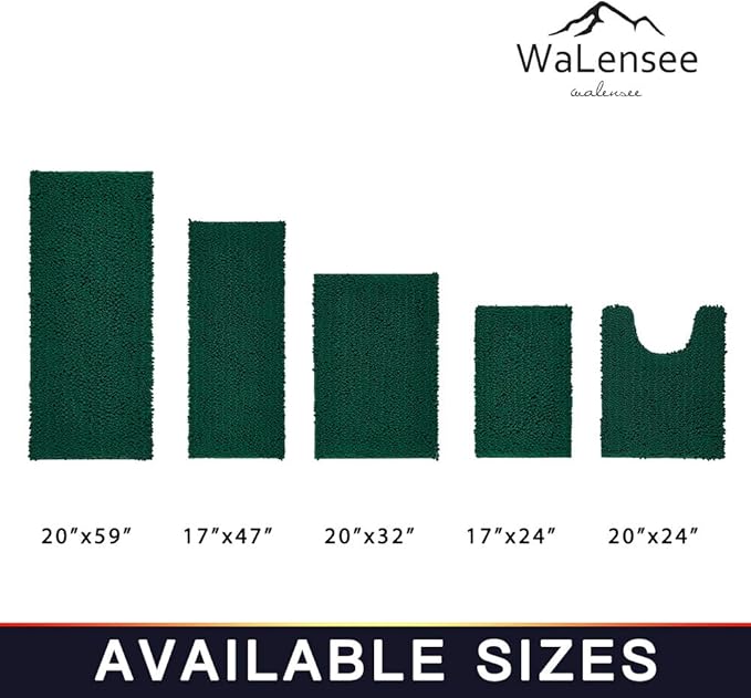 Walensee Bathroom Rug 2 Pieces Set Non Slip Bath Mat (20"x32" Plus 20"x32" Hunter Green) Water Absorbent Super Soft Shaggy Chenille Machine Washable Dry Extra Thick Perfect Carpet for Shower Floor