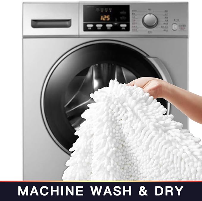 Walensee Bathroom Rug Non Slip Bath Mat (24x17 Inch White) Water Absorbent Super Soft Shaggy Chenille Machine Washable Dry Extra Thick Perfect Absorbant Best Small Plush Carpet for Shower Floor