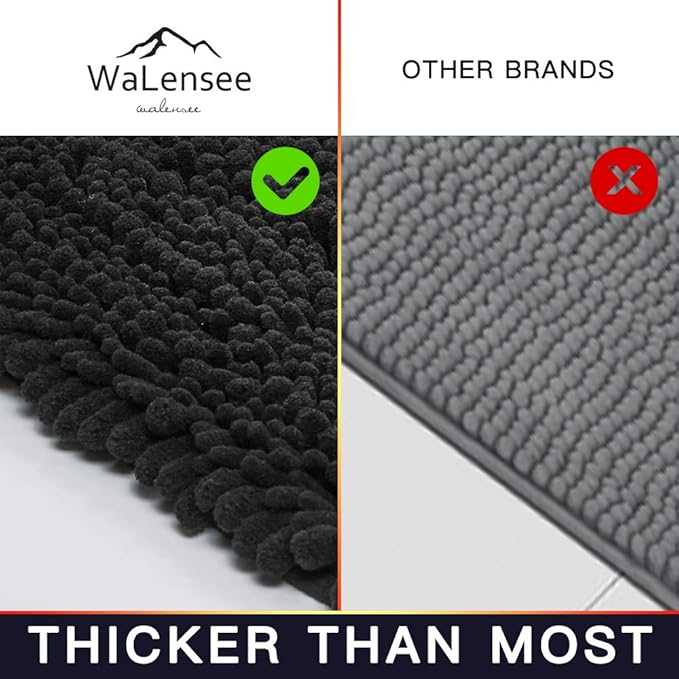 Walensee Bathroom Rug Non Slip Bath Mat (32x20 Inch Black) Water Absorbent Super Soft Shaggy Chenille Machine Washable Dry Extra Thick Perfect Absorbant Best Large Plush Carpet for Shower Floor