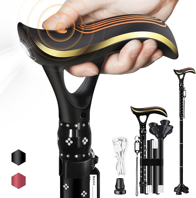 Folding Cane, Smart Alarm Foldable Cane with Light, Fashion Walking Cane for Women&Men, Adjustable Canes for Seniors, USB Direct Charging, Lightweight and Portable