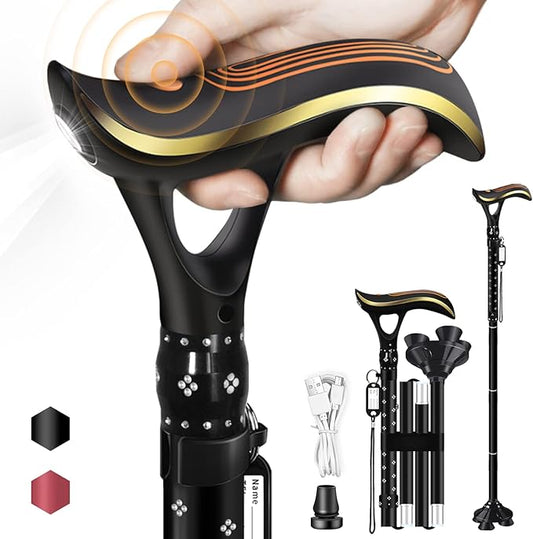 Folding Cane, Smart Alarm Foldable Cane with Light, Fashion Walking Cane for Women&Men, Adjustable Canes for Seniors, USB Direct Charging, Lightweight and Portable