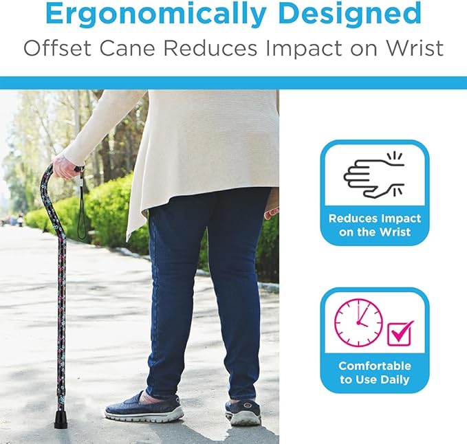 Nova Joy Designer Offset Walking Cane for Seniors - Unisex Adjustable Lightweight Aid with Foam Handle, Wrist Strap and Anti-Rattle Lock - Essential Mobility Support - Black with Flowers