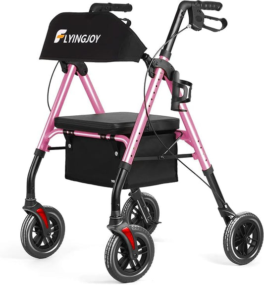 Rollator Walkers for Seniors, Foldable Rolling Walker with Ergonomic Seat, Armrest, Brake, and Wide Backrest, Adjustable Height, Weight 300 lbs, 8" 4 Wheels Suitable for All Terrains, Pink