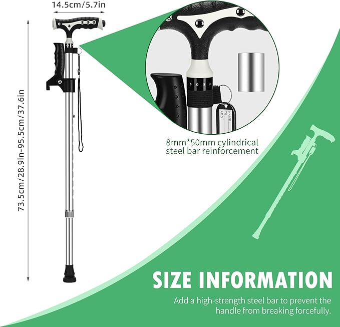 Hold 440 Lbs Walking Cane for Men & Women Aluminum Alloy Lightweight Height Adjustable Walking Stick Heavy Duty Foldbale Free Standing Cane with LED for Seniors Adults