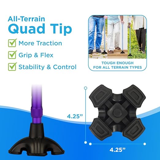 Nova Joy Designer Offset Quad Cane for Seniors - Unisex Adjustable Lightweight Walking Aid with Foam Handle, Wrist Strap and Anti-Rattle Lock - Essential Mobility Support - Purple