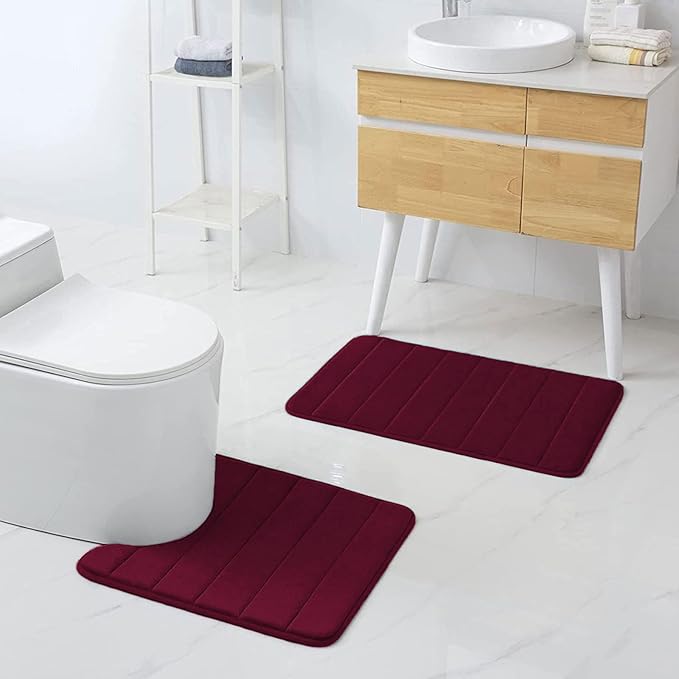 Buganda Memory Foam U-Shaped Contour Toilet Rugs, Non Slip Absorbent, Thick Soft Washable Bathroom Mat, Floor Carpet Bath Rugs Mat for Toilet Base (24" x 20", Burgundy)