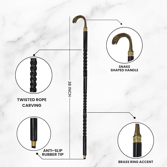 All Black Snake Handle Spiral Wooden Walking Cane