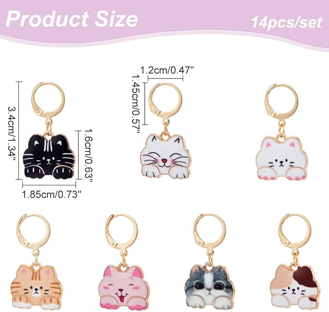 NBEADS 14 Pcs Cat Stitch Markers, Alloy Enamel Crochet Stitch Marker Charms Locking Stitch Marker with 304 Stainless Steel Clasp for Crochet Weaving Sewing Accessories Quilting Jewelry Making