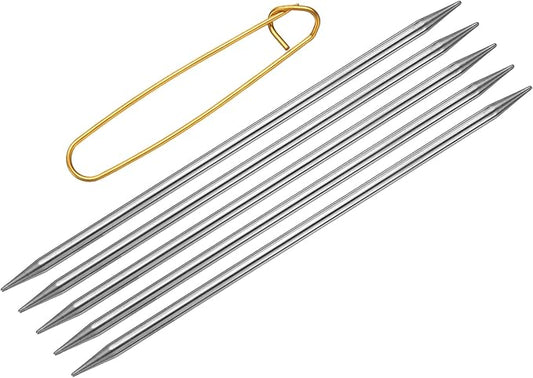 uxcell 5Pcs US 10(6mm) Double Pointed Knitting Needle 7.87 Inches Length Stainless Steel Sweater Stitching Needles with Stitch Holder for Handmade Projects DIY Knitting