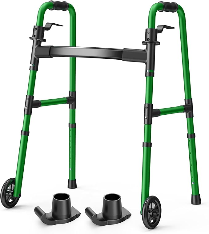 Folding Walker with 2 Skis and 5" Wheels, Lightweight Walkers for Seniors and Adults, Supports Up to 350 Pounds, Adjustable Height, Compact Standard Walker, Green