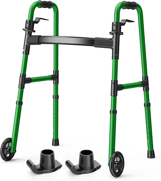 Folding Walker with 2 Skis and 5" Wheels, Lightweight Walkers for Seniors and Adults, Supports Up to 350 Pounds, Adjustable Height, Compact Standard Walker, Green