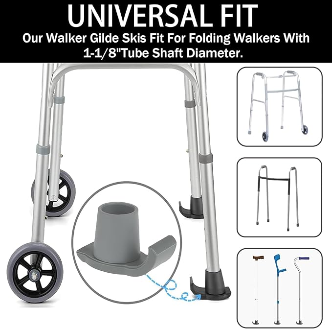 Magicorange 4 Pcs Walker Glide Skis,1 inch Universal Fit Walker ski Glides,Easy to Use Rubber Walker Glides,Walker Feet Replacement (Grey)