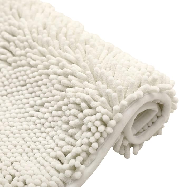 Non-Slip Bath Rug,Extra Soft Microfiber Bedroom Shag Carpet with Anti-Slip Backing,Water/Dust Absorbent Fast Dry Shower Mat,Sound Insulated Stairs Pad,Machine Washable (Ivory,17 x 27 Inches)