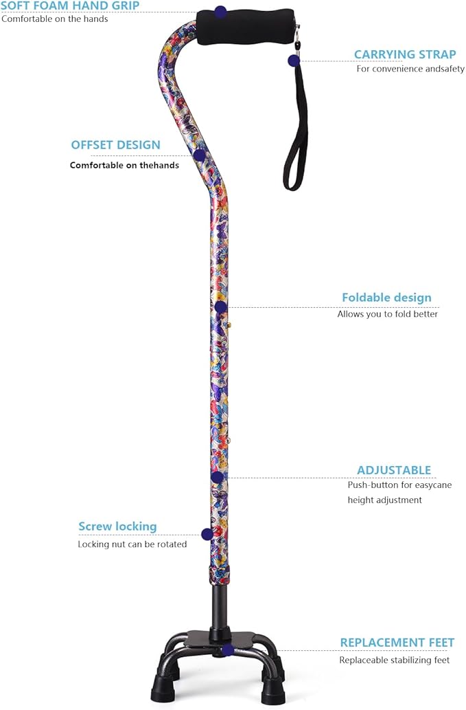 Walking Cane for Women & Men, Adjustable Quad Cane with 4-Prong Base for Stability and Balance, Folding Aluminum Walking Stick for Seniors