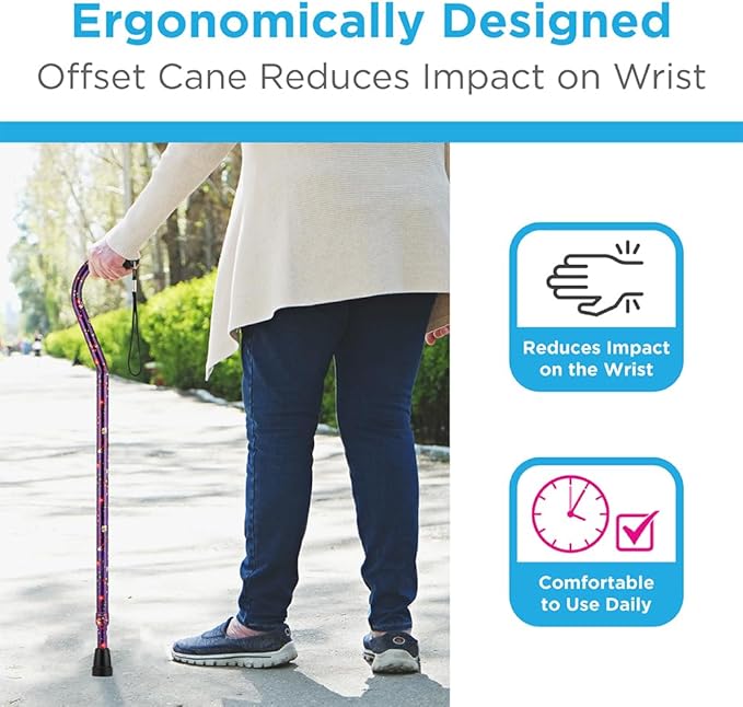 Nova Joy Designer Offset Walking Cane for Seniors - Unisex Adjustable Lightweight Aid with Foam Handle, Wrist Strap and Anti-Rattle Lock - Essential Mobility Support - Purple Bliss