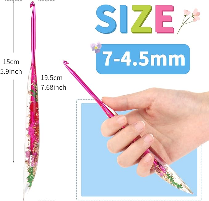Coopay Crochet Hooks, 4.5mm Crochet Hook Ergonomic, See-Through Resin Handle with Flowers Inside, Pretty & Pleasant, Ideal for Crocheting Blankets, Dolls, Shawls, Hats, Scarves (7-4.5mm)
