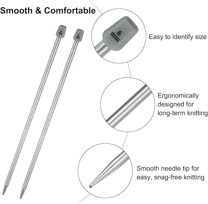 uxcell 4Pcs 6mm(J) Single Pointed Knitting Needles Stainless Steel 9.84 Inches Length Metal Weaving Tool for Handmade Projects DIY Knitting