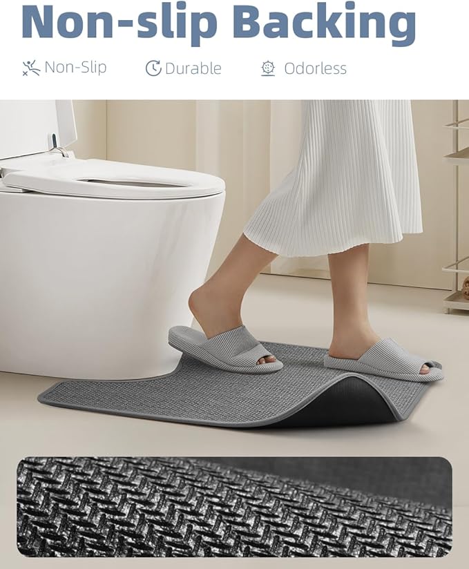 PADOOR Braided U Shaped Toilet Rug, 20x24 Grey, Super Absorbent, Non Slip, Machine Washable, Bathroom Floor Mat