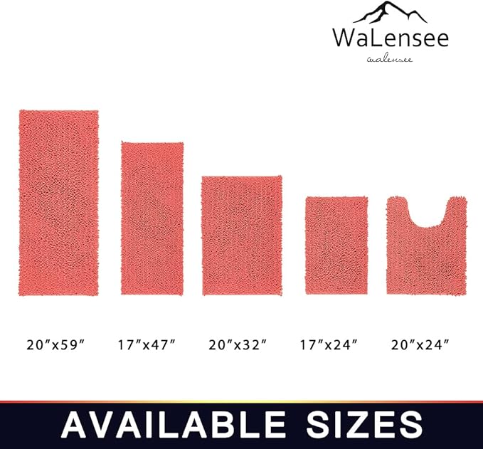 Walensee Bathroom Rug 2 Pieces Set Non Slip Bath Mat (20"x32" Plus 20"x24" U Living Coral) Water Absorbent Super Soft Shaggy Chenille Machine Washable Dry Extra Thick Perfect Carpet for Shower Floor