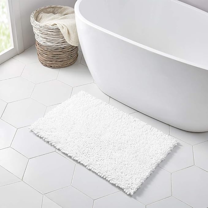 Walensee Bathroom Rug Non Slip Bath Mat (36x24 Inch White) Water Absorbent Super Soft Shaggy Chenille Machine Washable Dry Extra Thick Perfect Absorbant Best Large Plush Carpet for Shower Floor