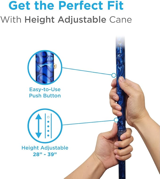 Nova Joy Designer Offset Walking Cane for Seniors - Unisex Adjustable Lightweight Aid with Foam Handle, Wrist Strap and Anti-Rattle Lock - Essential Mobility Support - Blue Waves