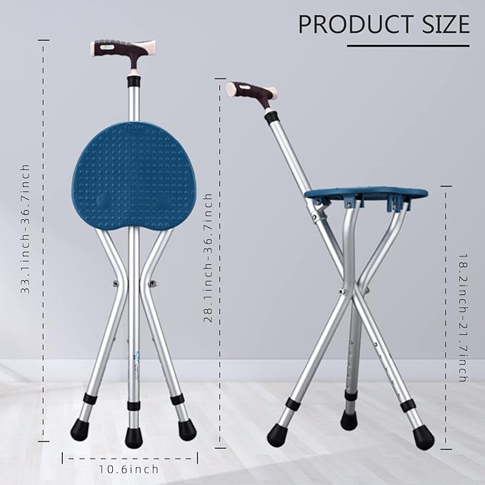 Hold 440 lbs Folding Canes with Seat Walking Stick Height Adjustment Cane Seat Capacity Frosted Handle with Magnetic Therapy Stone Crutches Stool