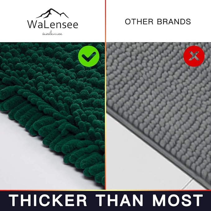 Walensee Bathroom Rug 2 Pieces Set Non Slip Bath Mat (20"x32" Plus 20"x32" Hunter Green) Water Absorbent Super Soft Shaggy Chenille Machine Washable Dry Extra Thick Perfect Carpet for Shower Floor
