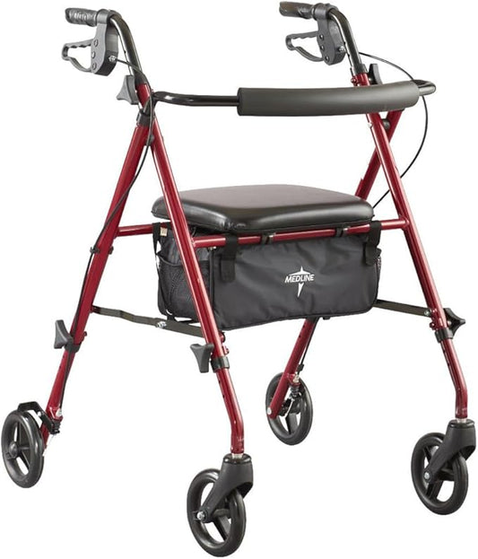 Medline Superlight Folding Aluminum Mobility Rollator Walker, Red, 250 lb. Weight Capacity, 6" Wheels, Adjustable Arms and Seat, Foldable Rolling Walker for Seniors