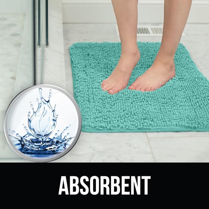 KANGAROO Bathroom Rugs, Chenille Soft Absorbent Bath Rug, Shaggy Shower Mat, Quick Dry Machine Wash Bathmat, Plush Carpet Mats for Tub, Bathtub and Room Home Decor Accessories, 24x17, Turquoise