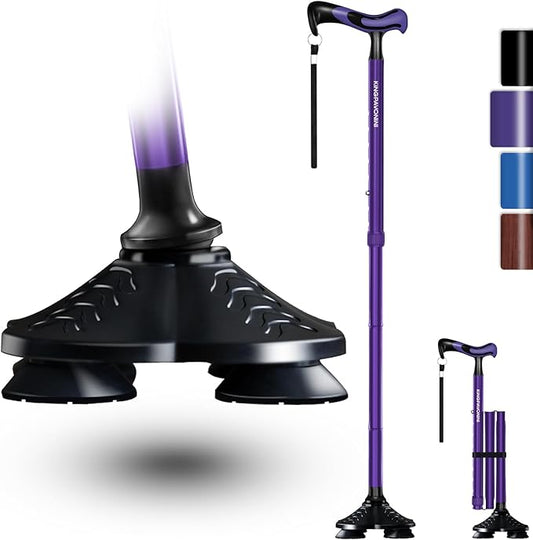 KingPavonini Walking Cane for Men Women Stability, Free Standing Foldable Cane, Ergonomic Handle Pivoting Quad Base, Heavy Duty 350 LBs, Adjustable Walking Canes for Seniors Balance with Travel Bag